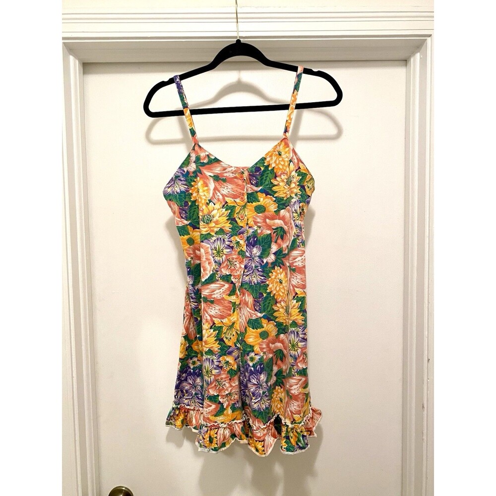 RARE Vintage 80s 90s Floral Retro Romper women’s Medium Cotton Hawaiian Ruffles
